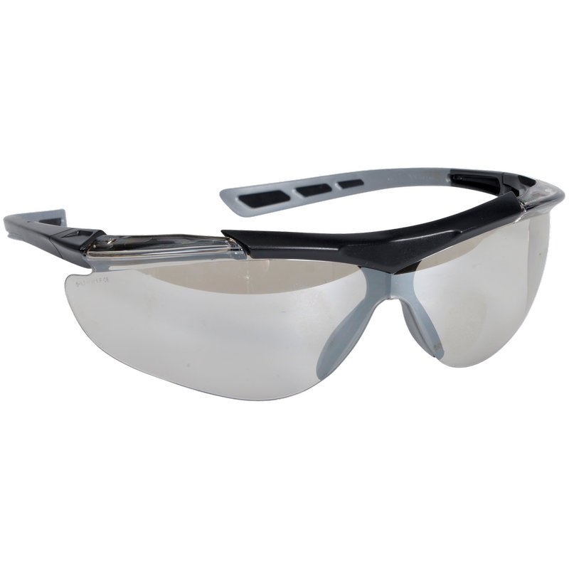 The Thor safety glasses Reflector, Clear (821017) from Abena Re-Seller GmbH offer optimal eye protection and clear vision with black and gray plastic frames, wraparound lenses, and ventilated temples. Package: 12 pieces.