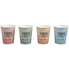 Four pastel-colored "Dandelion" compostable coffee mugs from Abena Re-Seller GmbH, featuring an eco-friendly design and the slogan "100% Compostable Because I Care!", offer a stylish and sustainable way to enjoy your coffee.