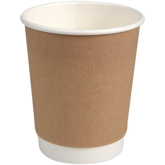 The "Kraft" double-walled coffee mug from Abena Re-Seller GmbH is a simple brown insulated mug with a white interior and base, standing upright on a white background, featuring a simple yet striking design.