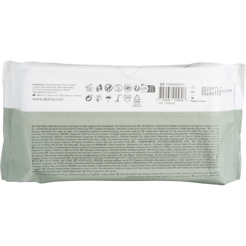 The back of the Abena Re-Seller GmbH wet wipes pack (80 pieces, 18x20 cm, White, with adhesive closure) shows product information, usage symbols, barcode, expiration date, and manufacturer details for daily hygiene in multiple languages.