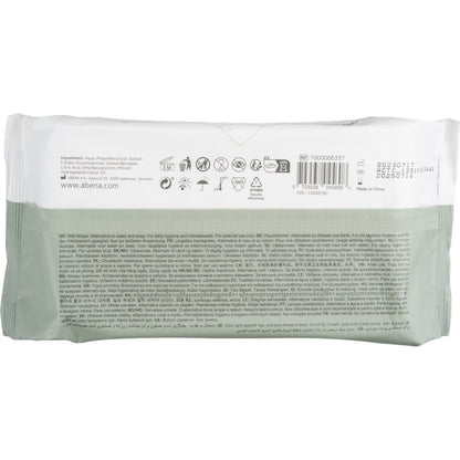 The back of the Abena Re-Seller GmbH wet wipes pack (80 pieces, 18x20 cm, White, with adhesive closure) shows product information, usage symbols, barcode, expiration date, and manufacturer details for daily hygiene in multiple languages.