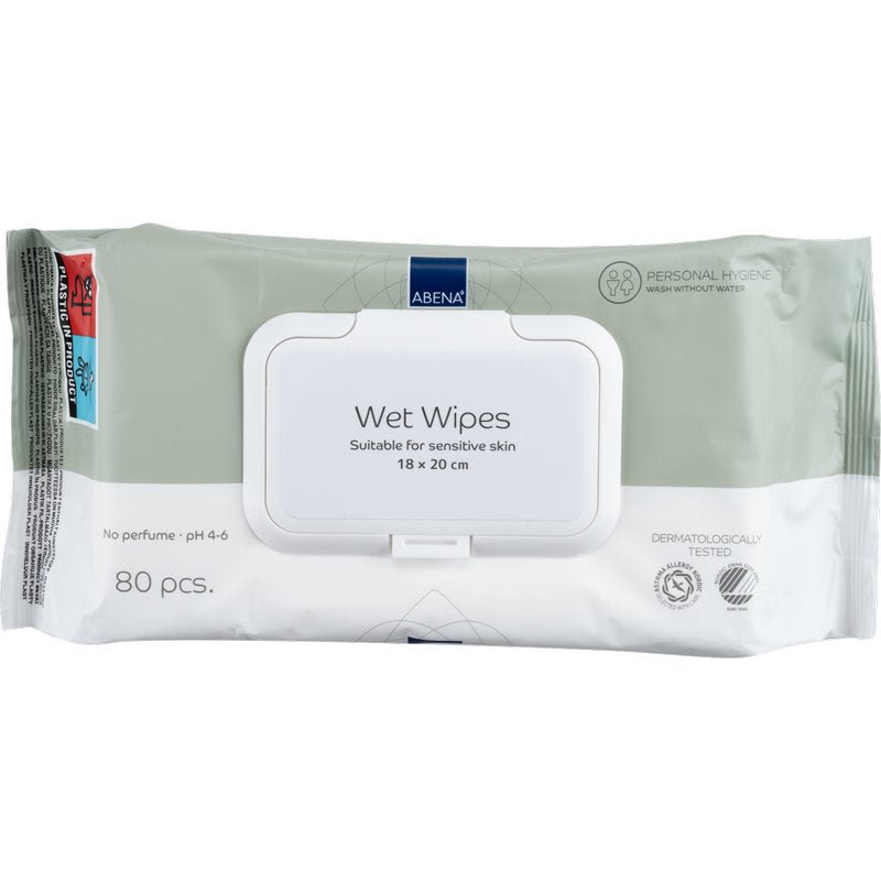 A pack of 80 Abena Re-Seller GmbH moist care wipes (18x20 cm, white) with a resealable lid; fragrance-free, pH 4-6, dermatologically tested - ideal for gentle cleaning on the go.