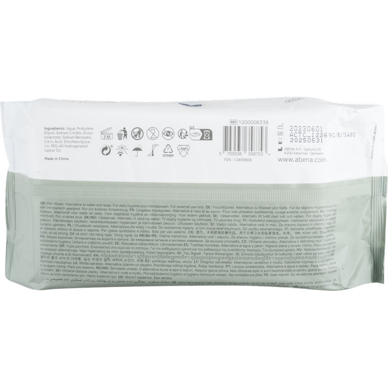 The back of an Abena Re-Seller GmbH moist care wipes, with lid (80 pieces, 18x20 cm) pack shows ingredients, application instructions, manufacturer information, barcodes & symbols in multiple languages - ideal for cleaning on the go.