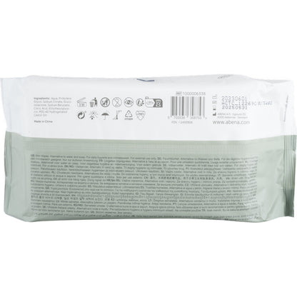 The back of an Abena Re-Seller GmbH moist care wipes, with lid (80 pieces, 18x20 cm) pack shows ingredients, application instructions, manufacturer information, barcodes & symbols in multiple languages - ideal for cleaning on the go.