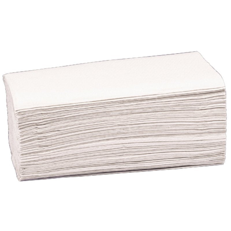 A stack of Abena Re-Seller GmbH paper towels, 2-ply, V-fold, 23x24 cm, natural (pack of 200 pieces) is neatly arranged in a rectangular stack on a white background.