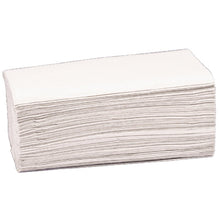 A stack of Abena Re-Seller GmbH paper towels, 2-ply, V-fold, 23x24 cm, natural (pack of 200 pieces) is neatly arranged in a rectangular stack on a white background.