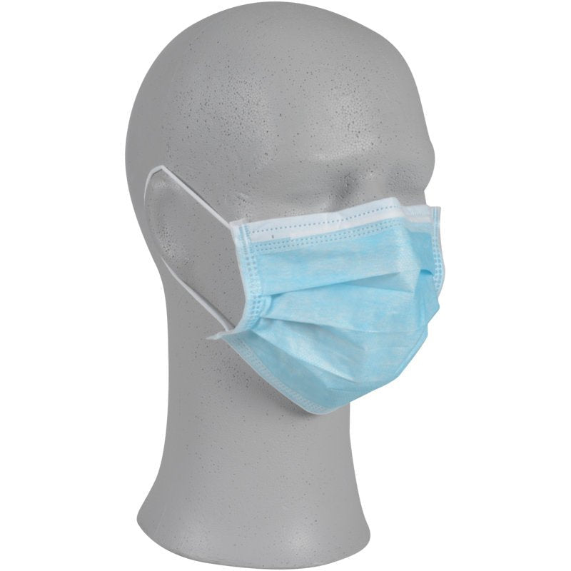 A gray mannequin displays the Abena Re-Seller GmbH face mask with elastic band, 95x180 mm, 3-layer, Blue, IIR (pack of 50 pieces), from a front left angle against a plain white background.