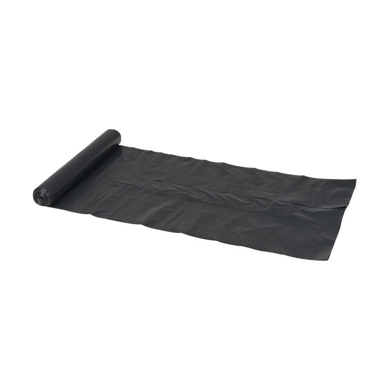 A partially unrolled Abena Re-Seller GmbH garbage bag 120 L, 700x1100 mm, 45 my LDPE, Black (roll with 10 bags) lies flat on a white surface, with the rest of the roll still neatly rolled up at one end.