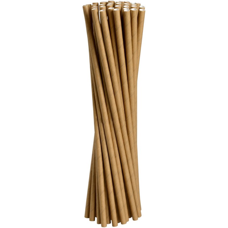 A pack of 250 Abena Re-Seller GmbH drinking straws made of brown paper (19.5 cm, ø 6 mm) stands upright against a white background, their tips slightly uneven and closely aligned.
