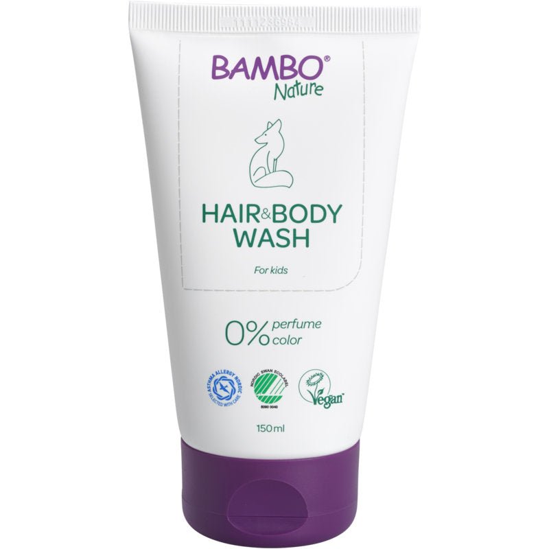 A white-purple tube with the inscription "Bambo Nature, Baby Shampoo Skin & Hair, 150 ml" from Abena Re-Seller GmbH features a fox illustration and icons for certifications. Vegan formula with 0% perfume or color, perfect for sensitive baby skin. Package: 6 pieces.