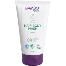 A white-purple tube with the inscription "Bambo Nature, Baby Shampoo Skin & Hair, 150 ml" from Abena Re-Seller GmbH features a fox illustration and icons for certifications. Vegan formula with 0% perfume or color, perfect for sensitive baby skin. Package: 6 pieces.