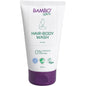 A white-purple tube with the inscription "Bambo Nature, Baby Shampoo Skin & Hair, 150 ml" from Abena Re-Seller GmbH features a fox illustration and icons for certifications. Vegan formula with 0% perfume or color, perfect for sensitive baby skin. Package: 6 pieces.