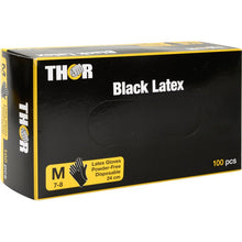 A black, rectangular box from Abena Re-Seller GmbH labeled "Thor Black Latex, Powder-Free" contains 100 black, powder-free latex gloves (size M 7-8, length 24 cm), with yellow and white text and graphics on the packaging.
