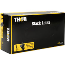 A black box of Abena Re-Seller GmbH Thor Black Latex, powder-free gloves, size large (8-9), disposable, 24 cm, contains 100 gloves. The packaging features yellow and white lettering with illustrations of gloves.