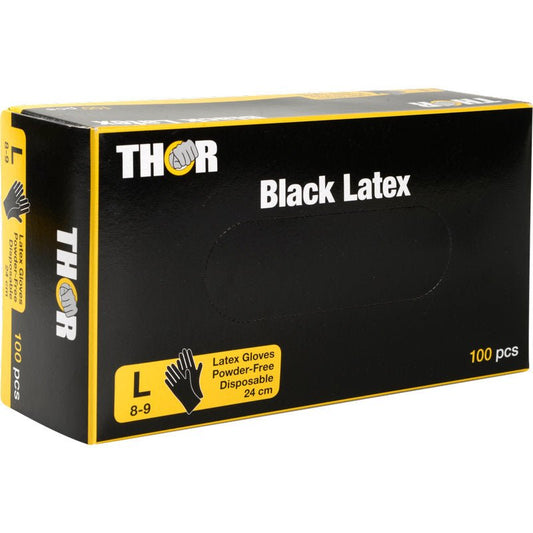 A black box of Abena Re-Seller GmbH Thor Black Latex, powder-free gloves, size large (8-9), disposable, 24 cm, contains 100 gloves. The packaging features yellow and white lettering with illustrations of gloves.