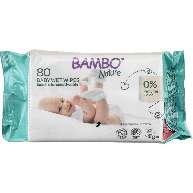 The Abena Re-Seller GmbH Bambo Nature wet wipes with adhesive closure, 15x20cm, pack (80 pieces), are vegan, dermatologically tested, perfume and dye-free - ideal for sensitive baby skin. Packaging with a smiling baby.