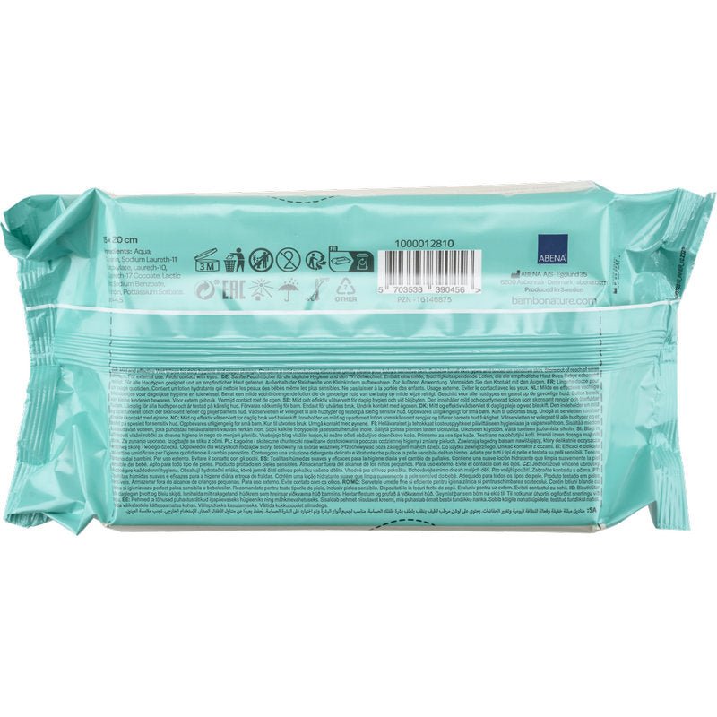A blue-green pack of Abena Re-Seller GmbH Bambo Nature wet wipes with adhesive closure, 15x20cm (80 pieces), is depicted from the back with a barcode, icons, product information for sensitive baby skin, and text in multiple languages.