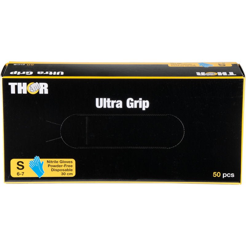 A black box with yellow accents and a blue glove image contains 50 small, powder-free disposable Thor Ultra Grip Long nitrile gloves (30 cm, blue) from Abena Re-Seller GmbH.