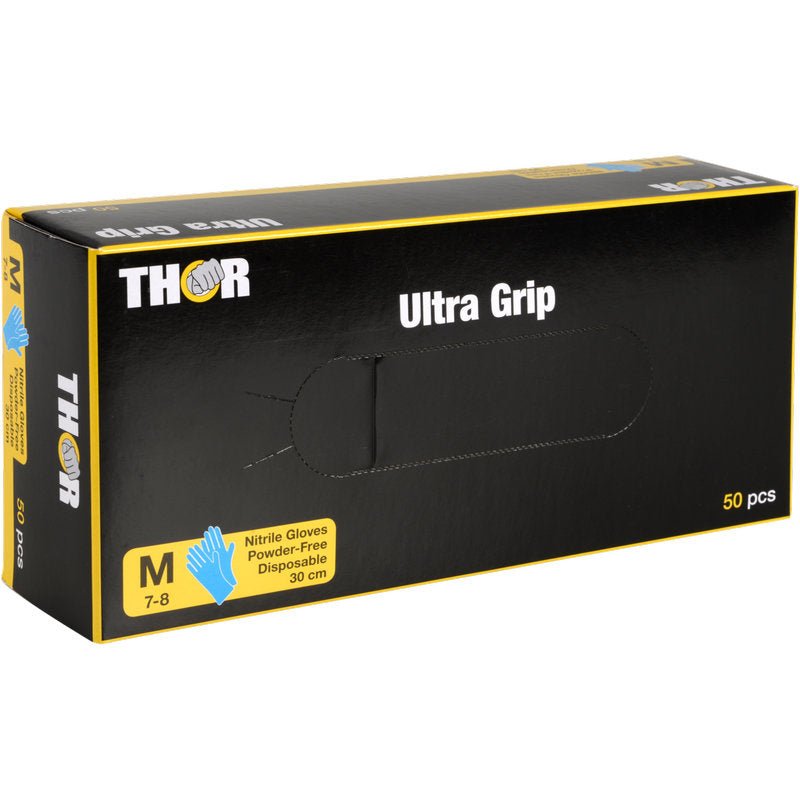 A blue box labeled "Thor Ultra Grip Long" from Abena Re-Seller GmbH contains 50 medium-sized, powder-free blue nitrile gloves (30 cm, size 7-8), with a glove depicted on the front.