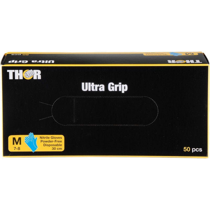 A black-yellow box from Abena Re-Seller GmbH labeled "Thor Ultra Grip Long, nitrile gloves, 30 cm, blue" contains 50 medium-sized (7-8), powder-free, blue disposable gloves; a blue hand symbol indicates the glove type.