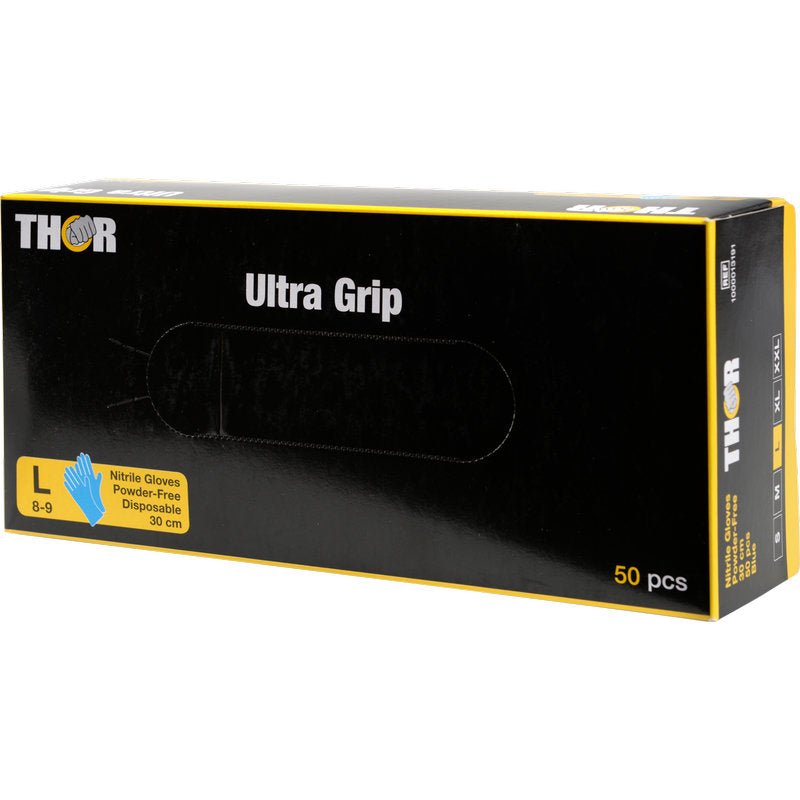 A blue box labeled "Thor Ultra Grip Long" from Abena Re-Seller GmbH contains 50 large, powder-free disposable nitrile gloves (30 cm).