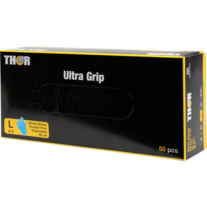 A blue box labeled "Thor Ultra Grip Long" from Abena Re-Seller GmbH contains 50 large, powder-free disposable nitrile gloves (30 cm).