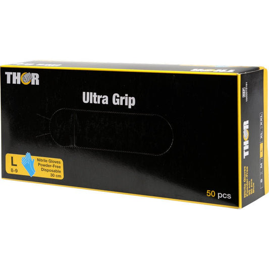 A blue box labeled "Thor Ultra Grip Long" from Abena Re-Seller GmbH contains 50 large, powder-free disposable nitrile gloves (30 cm).