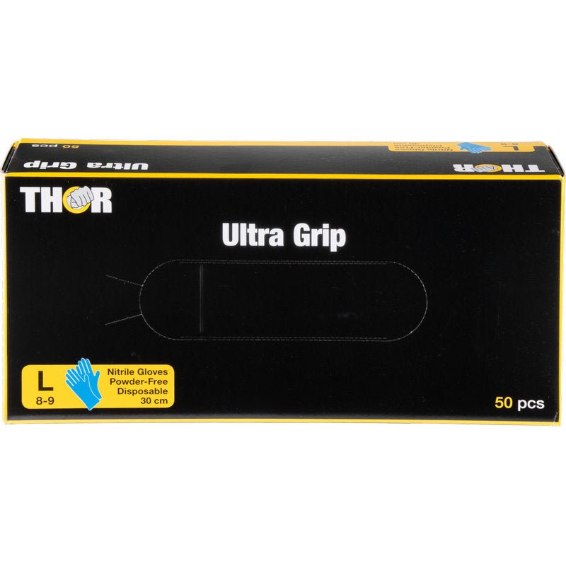 A blue box of Abena Re-Seller GmbH Thor Ultra Grip Long nitrile gloves, 30 cm, size Large (8-9), powder-free, with a glove symbol and text indicating 50 disposable gloves inside.