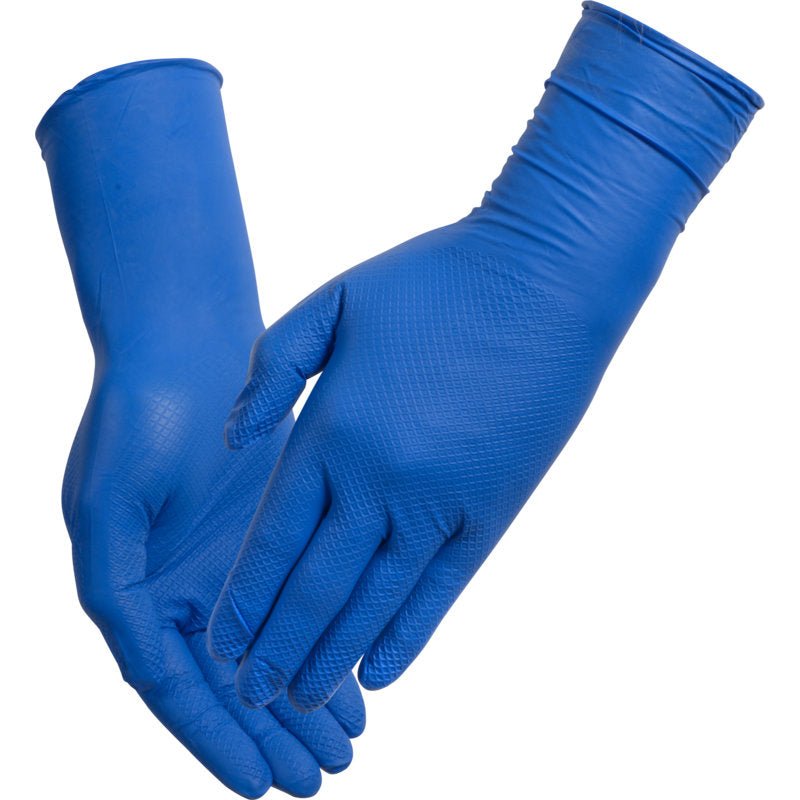 A pair of hands wearing Abena Re-Seller GmbH Thor Ultra Grip Long nitrile gloves, 30 cm, blue, are shown with palms up and slightly overlapping against a white background.