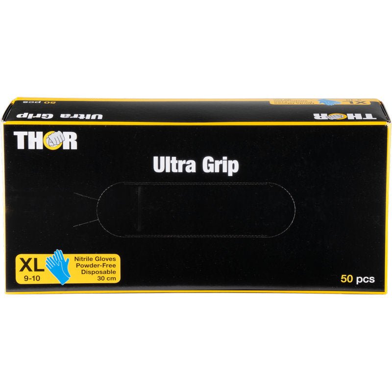 A box with 50 Abena Re-Seller GmbH Thor Ultra Grip Long nitrile gloves, 30 cm, blue, powder-free and disposable, with blue and yellow accents and a hand symbol.