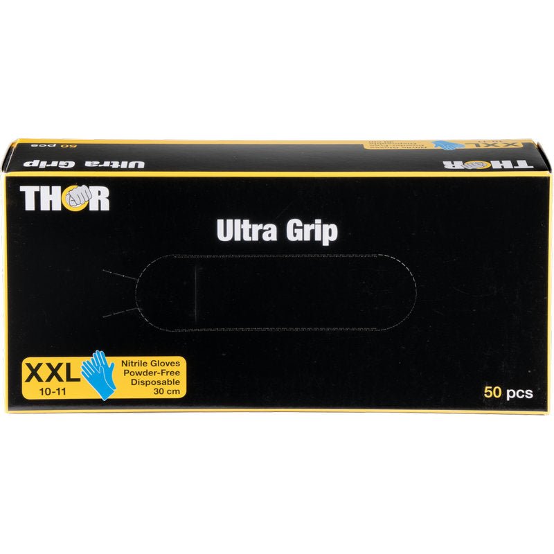 A rectangular black box from Abena Re-Seller GmbH labeled "Thor Ultra Grip Long" contains 50 blue XXL nitrile gloves (30 cm, powder-free, disposable) with a yellow label and a blue glove image in the lower left corner.