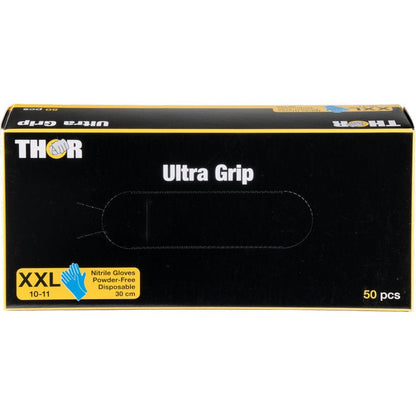 A rectangular black box from Abena Re-Seller GmbH labeled "Thor Ultra Grip Long" contains 50 blue XXL nitrile gloves (30 cm, powder-free, disposable) with a yellow label and a blue glove image in the lower left corner.