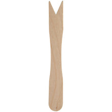 A wooden chip fork from Abena Re-Seller GmbH, 8.5 cm long with a straight handle and forked V-tip, pack of 100 pieces, photographed against a white background.