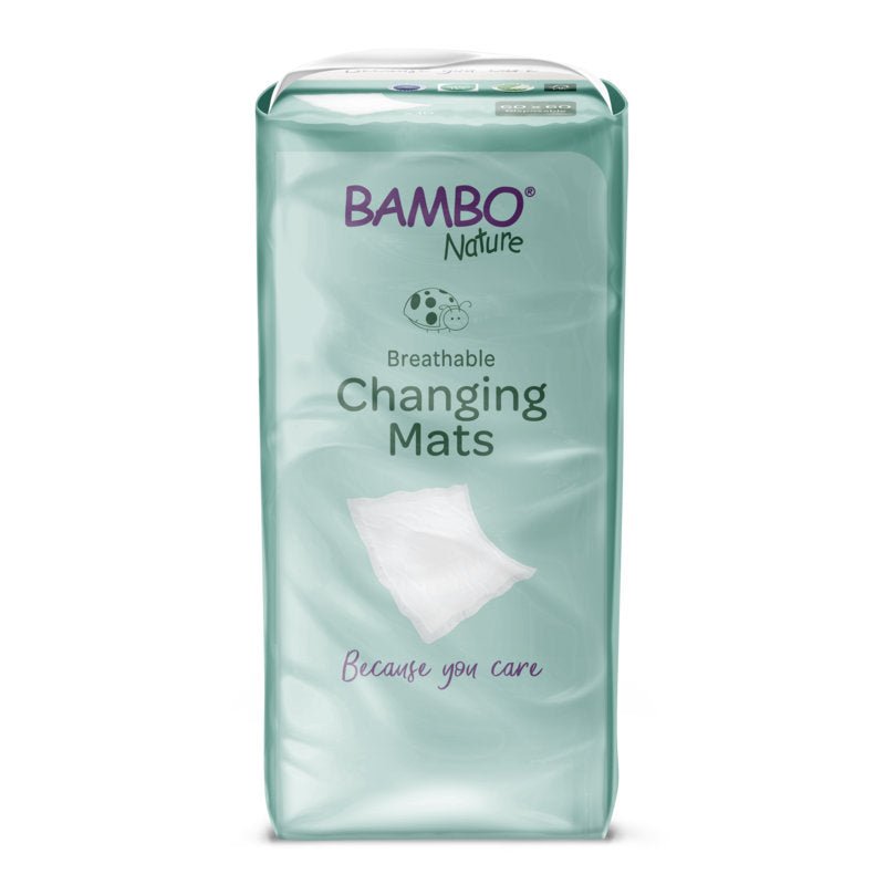 A 10-pack of Bambo Nature changing pads (60x60 cm) with super absorber from Abena Re-Seller GmbH featuring product and brand details, a pillow image, and the slogan "Because you care" on the light green packaging.