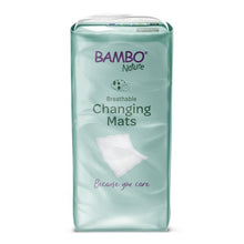 A 10-pack of Bambo Nature changing pads (60x60 cm) with super absorber from Abena Re-Seller GmbH featuring product and brand details, a pillow image, and the slogan "Because you care" on the light green packaging.