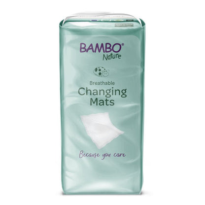 A 10-pack of Bambo Nature changing pads (60x60 cm) with super absorber from Abena Re-Seller GmbH featuring product and brand details, a pillow image, and the slogan "Because you care" on the light green packaging.