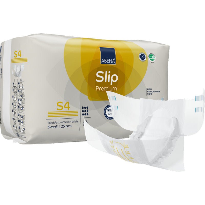 A 25-piece pack of ABENA Slip Premium from Abena Re-Seller GmbH, size small. In front of the pack is an opened slip depicted to highlight the design and features for effective incontinence care.