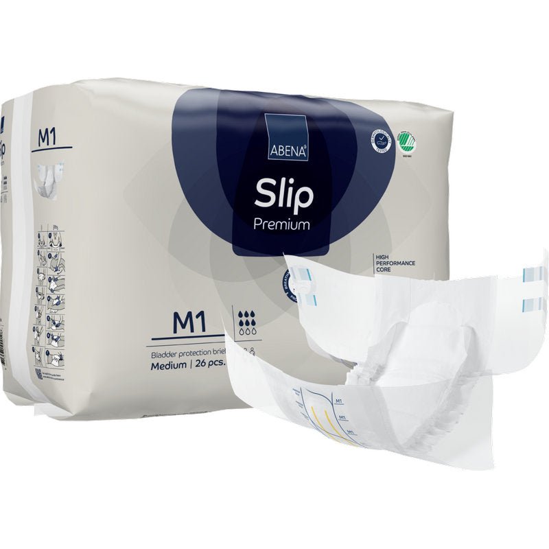 Pictured is a pack labeled "ABENA Slip Premium" from Abena Re-Seller GmbH with an unfolded diaper in the foreground. The pack contains 26 medium-sized pieces for reliable incontinence care.
