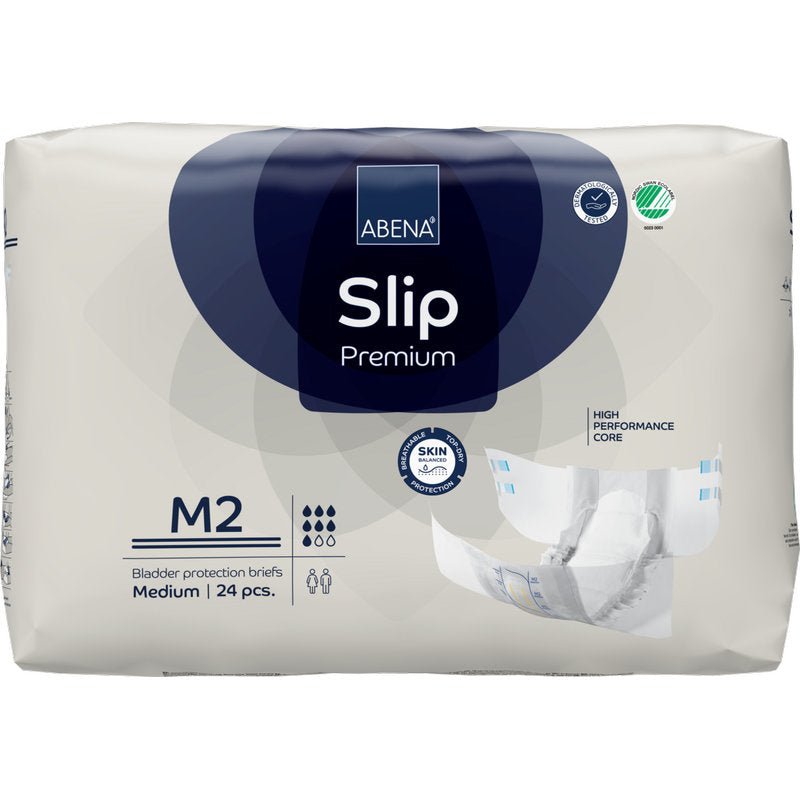 A 24-pack of ABENA Slip Premium from Abena Re-Seller GmbH, size M2 medium, offers skin-friendly, high-performance incontinence protection for comfort and safety.