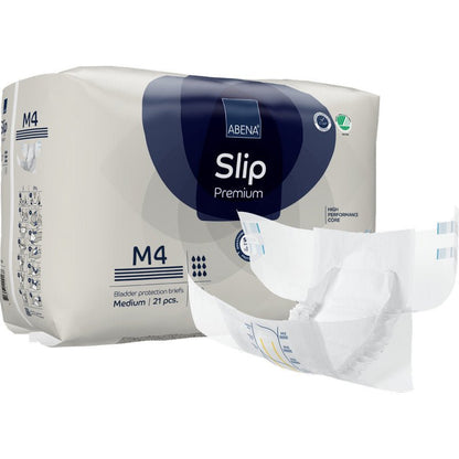 Pictured is a pack of ABENA Slip Premium from Abena Re-Seller GmbH with an unfolded slip in the foreground. The pack contains 21 medium-sized slips for reliable incontinence care.