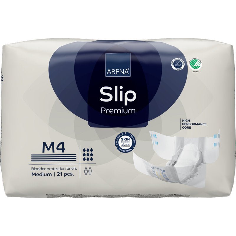 A 21-piece pack of ABENA Slip Premium from Abena Re-Seller GmbH, size M4, for effective incontinence care. The packaging features a high-performance core, skin-friendliness, and the image of an open slip.