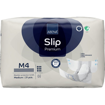 A 21-piece pack of ABENA Slip Premium from Abena Re-Seller GmbH, size M4, for effective incontinence care. The packaging features a high-performance core, skin-friendliness, and the image of an open slip.