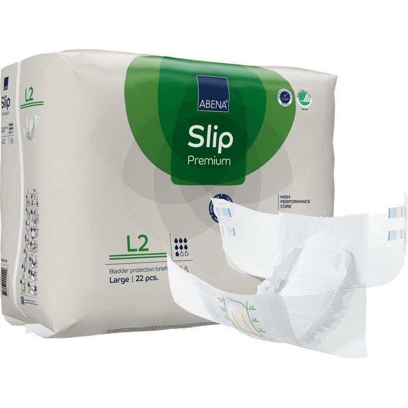A pack of ABENA Slip Premium from Abena Re-Seller GmbH, large size, 22 pieces; a slip is partially unfolded in the front. The white packaging with green and blue accents ensures reliable incontinence protection.