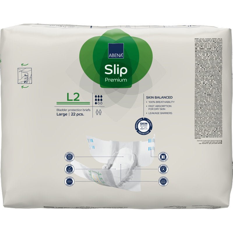 A 22-piece pack of ABENA Slip Premium from Abena Re-Seller GmbH in white packaging with green and blue accents includes product information and an illustration for easy incontinence care guidance.