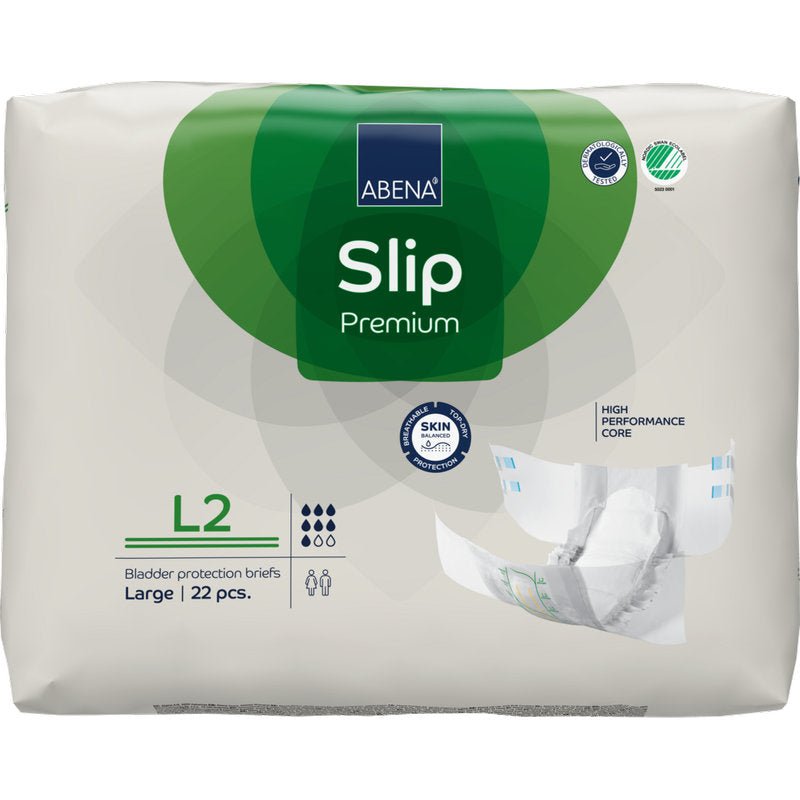 A 22-piece pack of ABENA Slip Premium from Abena Re-Seller GmbH, size Large, in a predominantly white packaging with green accents; features a "high-performance core" for effective bladder protection.