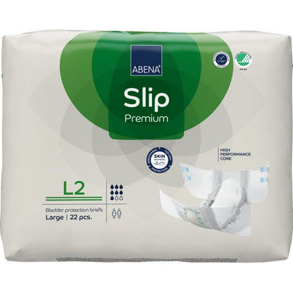 A 22-piece pack of ABENA Slip Premium from Abena Re-Seller GmbH, size Large, in a predominantly white packaging with green accents; features a "high-performance core" for effective bladder protection.