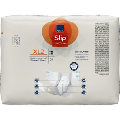 A pack of ABENA Slip Premium from Abena Re-Seller GmbH, size XL2, contains 21 pieces in a beige package with blue and orange accents, product details, a hand holding a diaper, and incontinence care icons.