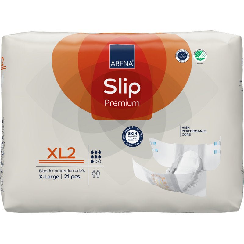 A 21-piece pack of ABENA Slip Premium from Abena Re-Seller GmbH in size X-Large has white packaging with orange and red accents highlighting the key benefits for effective incontinence care.