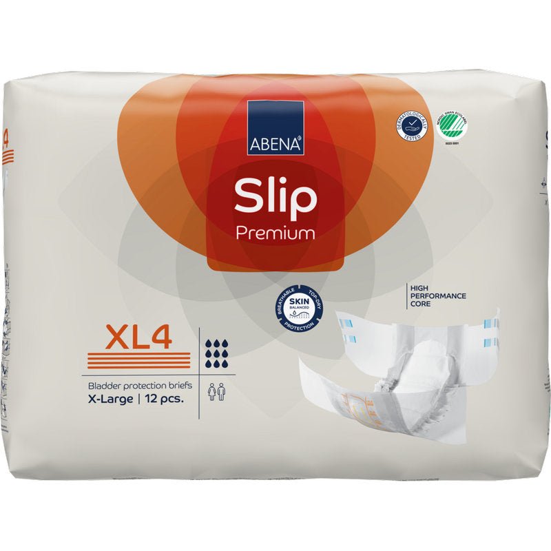 A pack of ABENA Slip Premium from Abena Re-Seller GmbH, size X-Large (XL4), contains 12 slips for incontinence. The white packaging is accented with orange and blue and shows illustrations of the slip and product features.