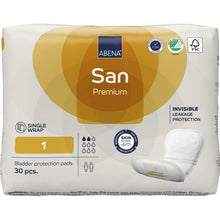 A 30-pack of ABENA San Premium pads from Abena Re-Seller GmbH for incontinence, size 1. The white-gold packaging includes information about high absorbency, product details, and certification logos.